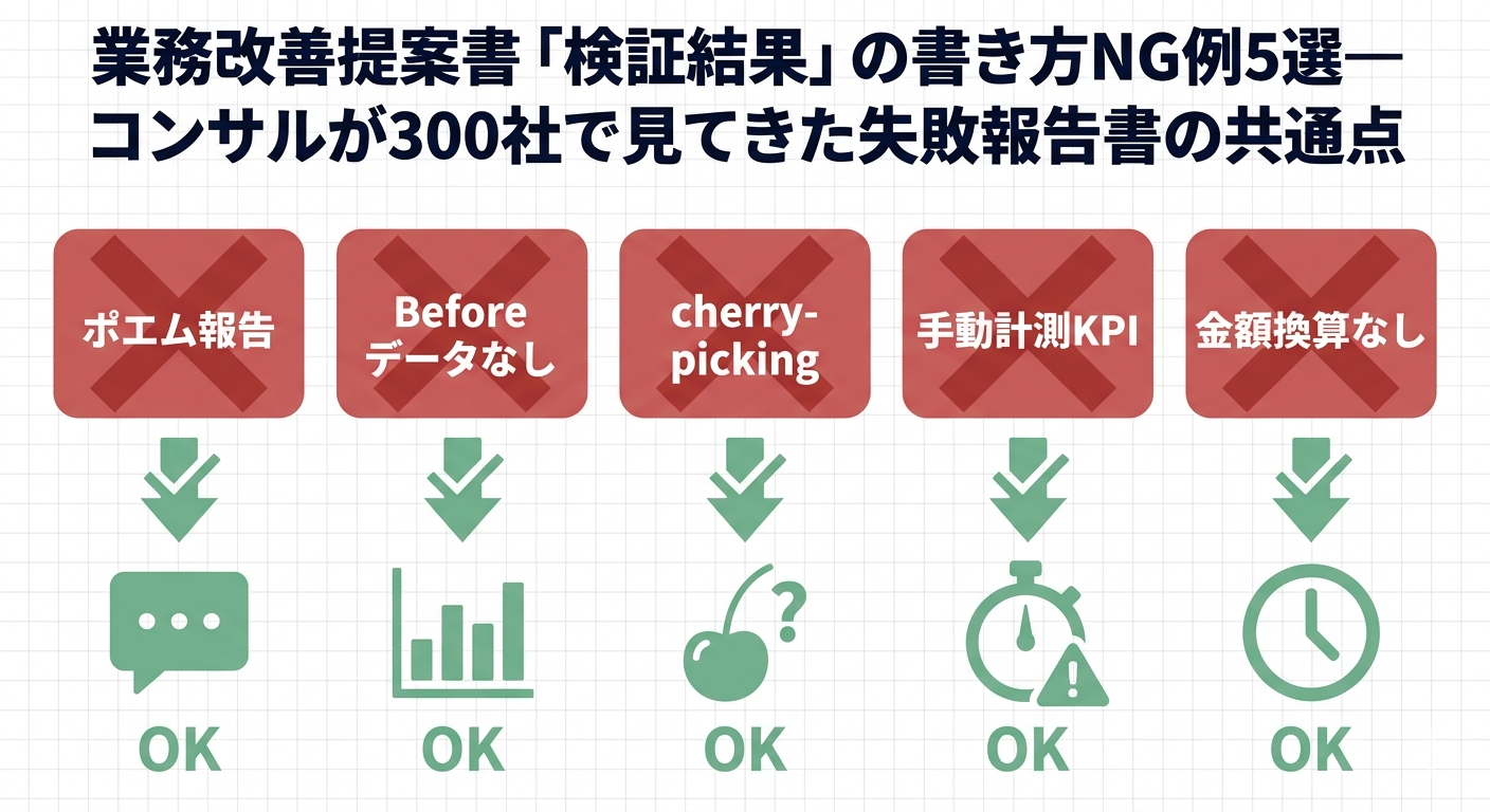 業務改善提案書の検証結果でよくある5つのNG書き方パターンを示す図解。失敗報告書の共通点